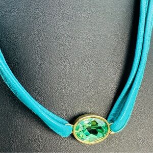 BALU JOIÁS Dubai Vintage Green Swarovski Necklace Turquoise Leather Signed 20”